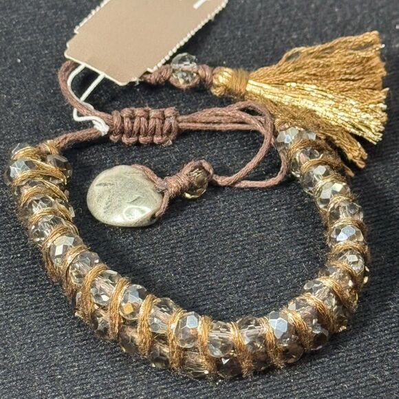 J Jill Crystal Beads Wrapped stranded Brown Pull Cord Bracelet Bolo W Tassle - Picture 7 of 8
